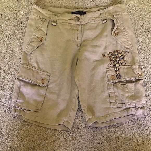 BCBGMaxAzria Tan 100% Linen Cargo Bermuda Shorts Classic Style - Picture 1 of 5
